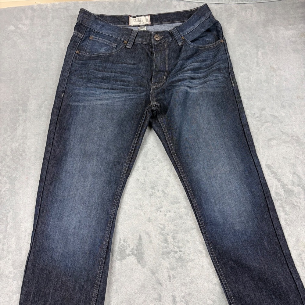 Free Planet Mens Size 32x32 Dark Wash Straight Leg Jeans Blue Cotton Blend Denim